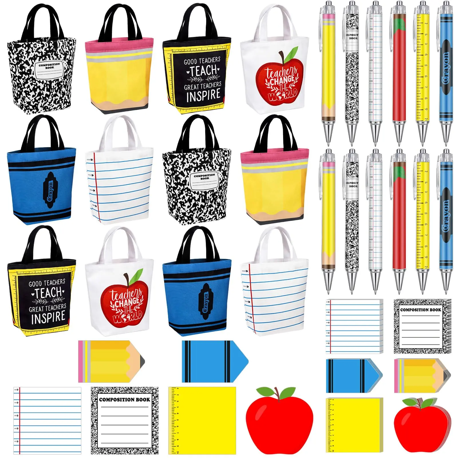 6/12 Pcs Back to School Teacher Gift Bags Canvas Tote Bags with Crayon Pencil Notebook Apple Marble Pattern Thank You Gift Handbags for Teacher Student,School Supplies,Teacher Appreciation Welcome First Day of School Class Rewards Gift