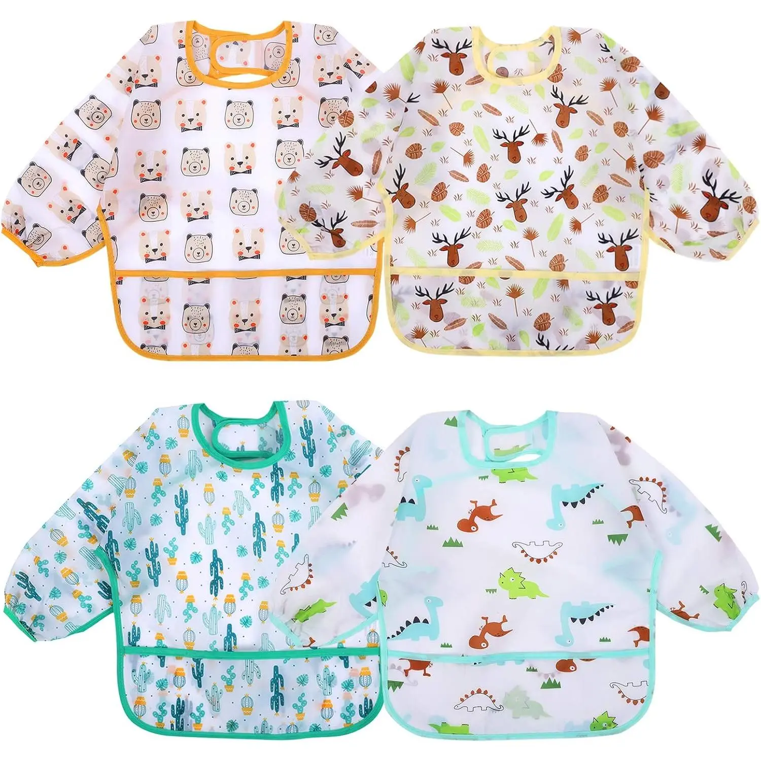 4 Pack Long Sleeve Smock Bibs with Animal Print for Baby & Toddler, Waterproof Coverall for Feeding, 6-36 Months, Dinosaurs
