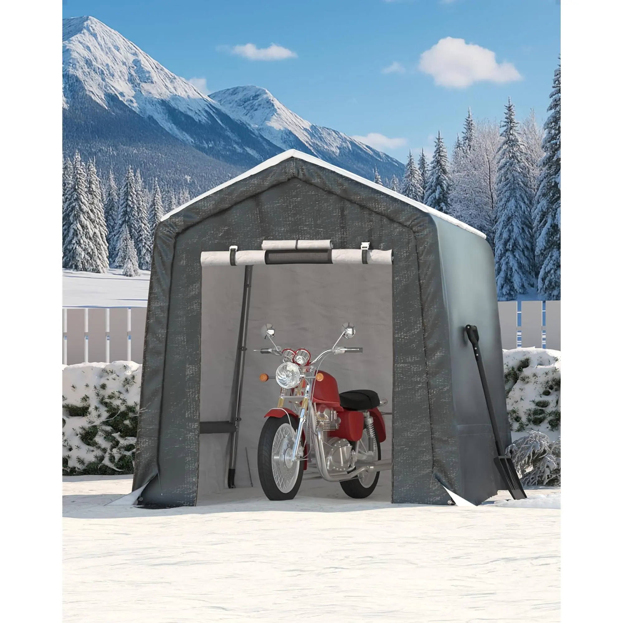 6x6FT Outdoor Portable Storage Shed with Roll-Up Door & Vent, 240G Heavy-Duty Shelter Waterproof PE Tarp, UV-Resistant Storage Sheds for Motorcycle, Firewood, Garden and Tools, Gray