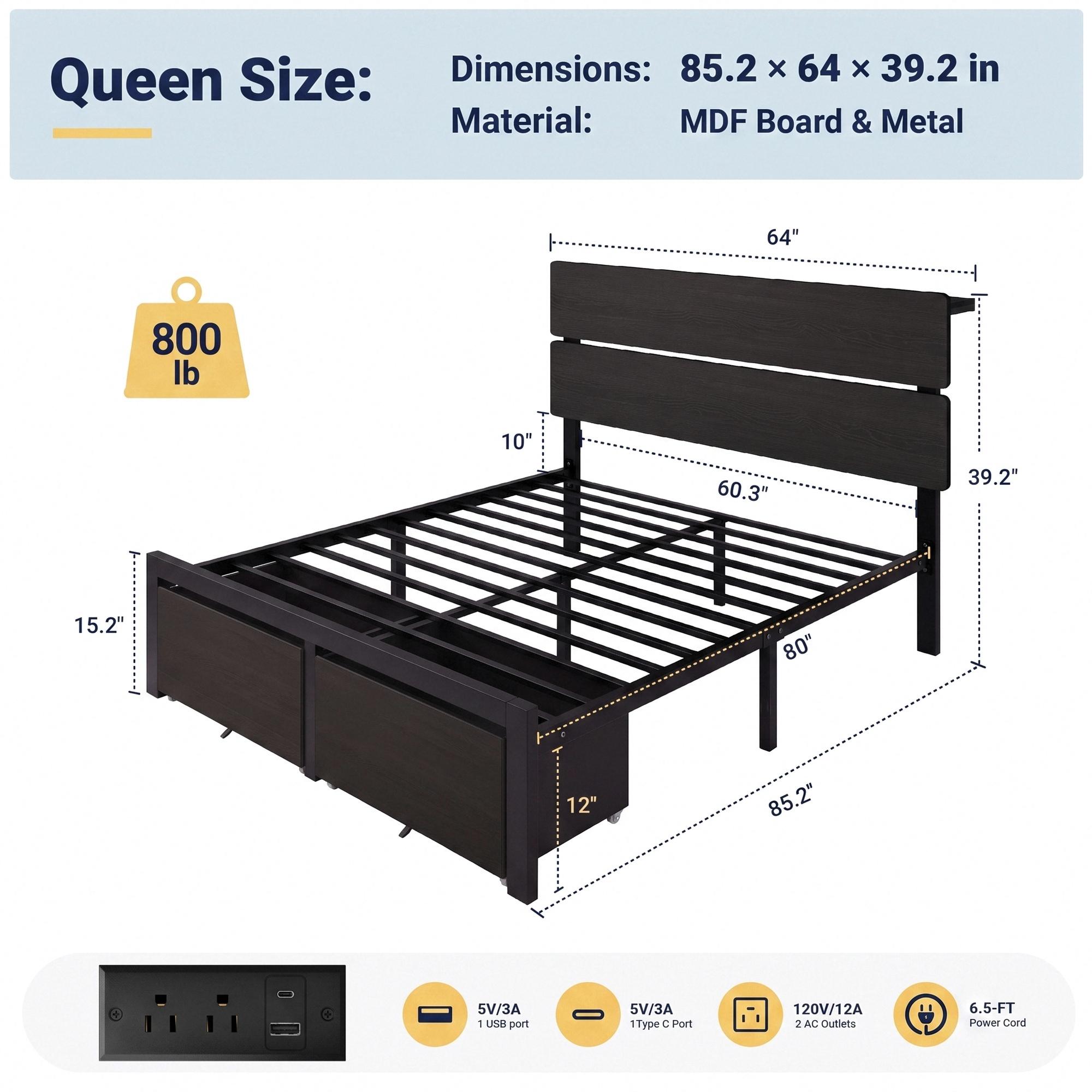 MUTICOR LED Bed Frame with 2 Fabric Storage Drawers, Charging Station & MDF Storage Headboard, Steel Slat Platform Bed with Underbed Storage, No Box Spring Needed