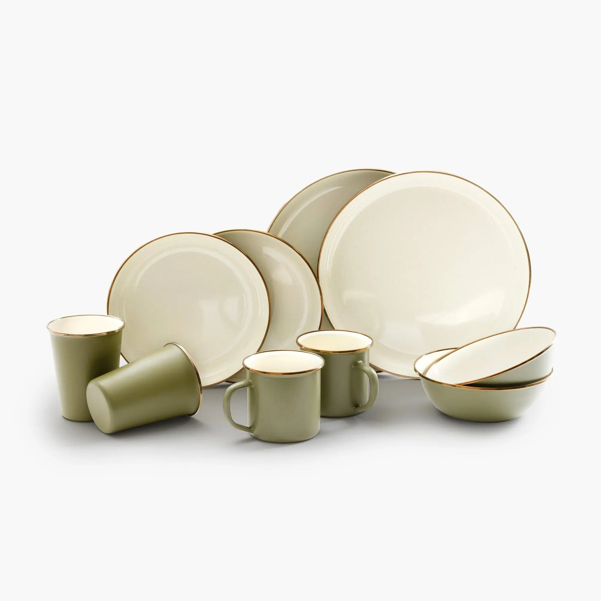 Enamelware 2-Tone Dining Collection - Olive Drab，Vintage Speckled Tableware for Home Dining, Camping and Picnics