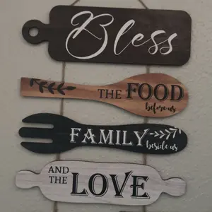 Wooden Kitchen Wall Decor, 1 Set Letter & Kitchen Utensils Pattern Wall Art with Rope, Wall Decor for Home Kitchen and Dining Room