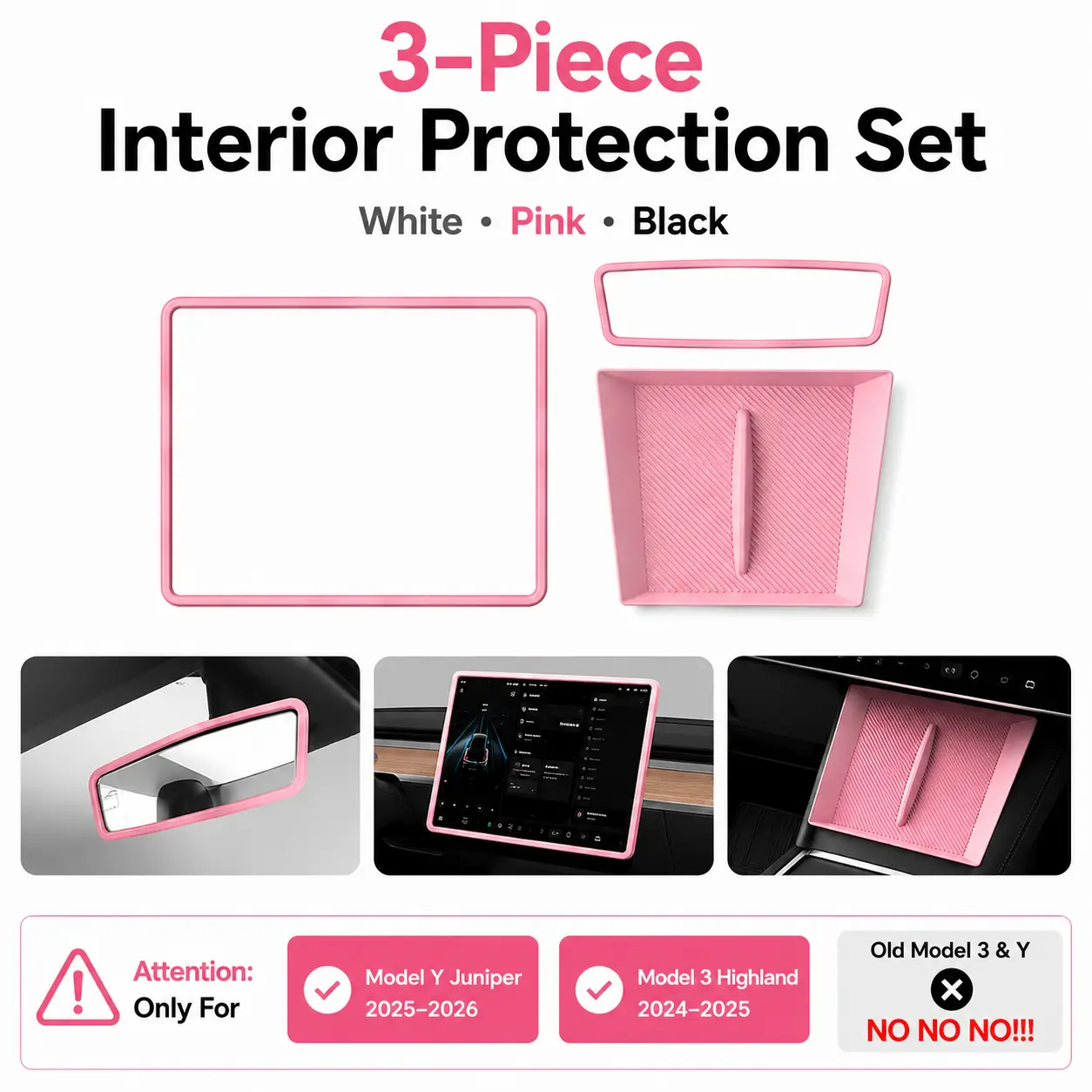 3PCS Tesla Silicone Interior Protection Kit for Model Y Juniper 2025-2026 & Model 3 Highland 2024-2025, Screen Frame Protector, Rearview Mirror Cover and Wireless Charging Pad Mat, Pink White Black