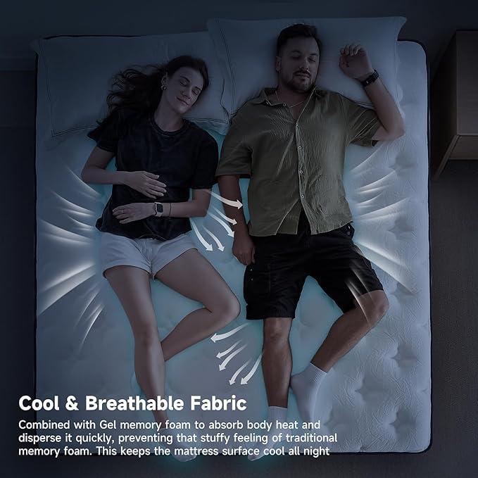 10 Inch Hybrid Mattress in a Box – Memory Foam & Springs, Medium Firm, Cooling Gel, Lumbar Support for Back Pain Relief & Guest Rooms