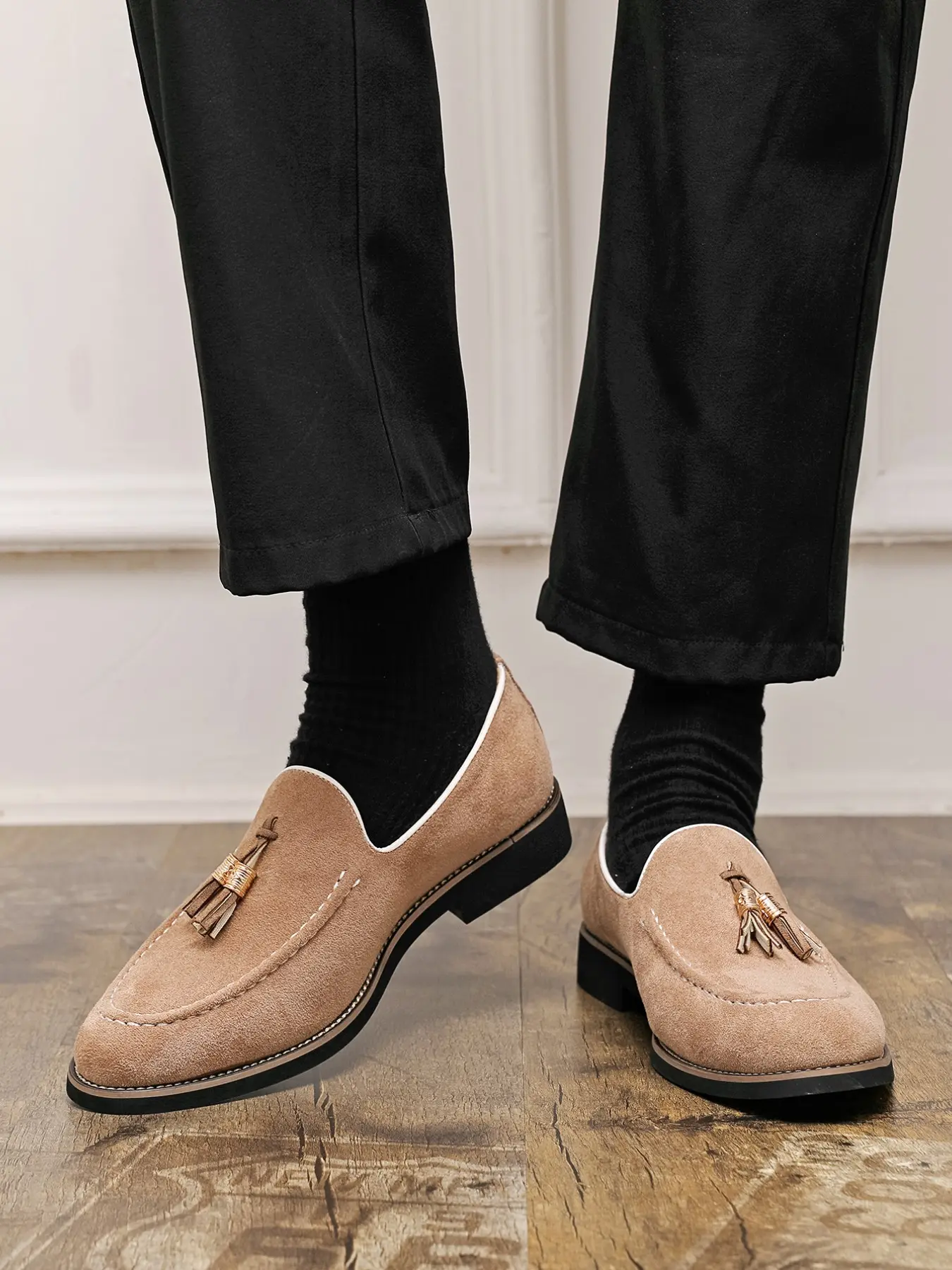 Men's Tan Loafer Shoes with Fringe, Classic Slip-On Casual Leather Shoes, Lightweight Business Formal Shoes, Daily Commute Office Wear