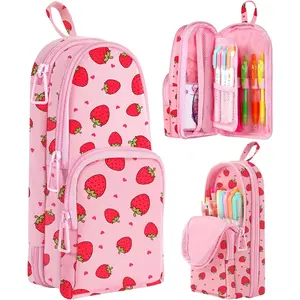 Cute Strawberry Pencil Case, Aesthetic 3D Schoolbag-Shaped Pencil Pouch for Girls Boys  Women,Big Capacity Pen and Pencil Stationery Organizer Bag with Zippers for School Office