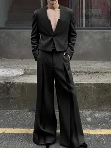 INCERUN Men's Fashion Simple Solid Color Deconstructed Design Fabric Long Sleeve Blazer+ Straight Pants Two-Piece Set, Suitable For Daily Wear