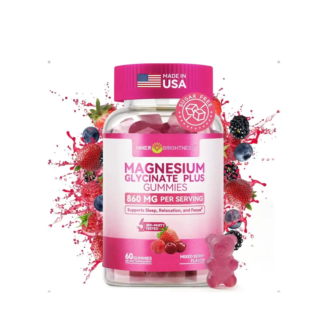 INNER BRIGHTNESS Clean Magnesium Complex Gummies, Sugar-Free, 860mg with 3 Essential Magnesium—Glycinate, Taurate, and Citrate—for Sleep, Muscle & Heart Health