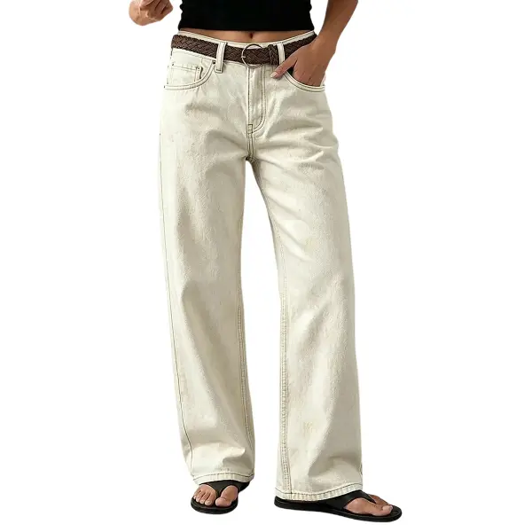 Flamingals Solid Mid Waist Straight Leg Pants Without Belt Womenswear Stretchy 30.3" Inseam