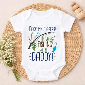 Pack My Diapers I'm Going Fishing With Daddy Baby Bodysuit Casual Short SleeveRomper Crew Neck Outfit for Baby Boys & Girls  Lively style baby Lovely Design Comfort Baby Clothes for Outdoor Daily Wear