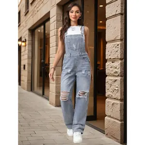 Women’s plain ripped straight-leg denim jumpsuit; chic casual basic fitted street vintage sleeveless pocket jumpsuit for daily wear; ladies’ clothing for all seasons; womenswear; dungarees; multi-pocket overalls; bohemian overalls