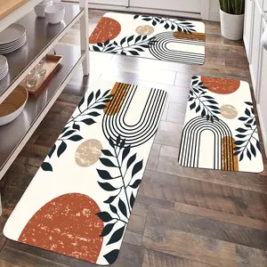 Anti-Slip Wood Grain Floor Mat - 1pc Abstract Leaf Full Width Print Rug, Multi-Size, for Kitchen, Living Room