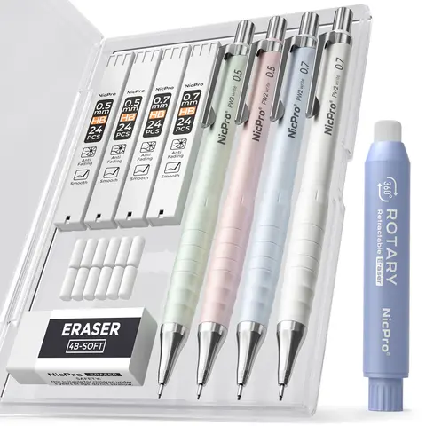 Nicpro Aesthetic Plastic Mechanical Pencil Assortment Kit - 4PCS 0.5&0.7mm Pastel Pencils, 4 Tubes HB Lead Refills, 4B Erasers, Rotary Retractable Eraser & Refill | Kids, College Students' School Stationery, Everyday Desk Use Essentials