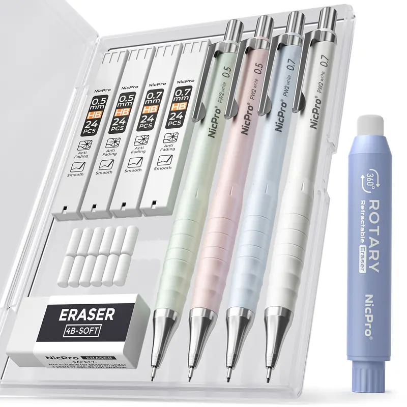 Nicpro Aesthetic Plastic Mechanical Pencil Assortment Kit - 4PCS 0.5&0.7mm Pastel Pencils, 4 Tubes HB Lead Refills, 4B Erasers, Rotary Retractable Eraser & Refill | Kids, College Students' School Stationery, Everyday Desk Use Essentials