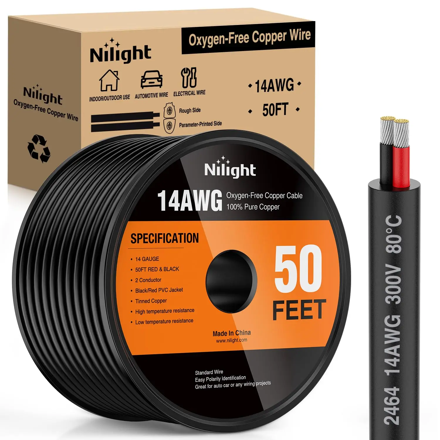 Nilight 50FT 14AWG Oxygen-Free Copper Electrical Wire - Red-Black Stranded PVC 2-Conductor Parallel 300V DC Safe Flexible Extension Cord, Conducts Power for LED Light Strips, Automotive & Motorcycle Car Lights, Anti-Oxidation, Better Conductivity, Direct,