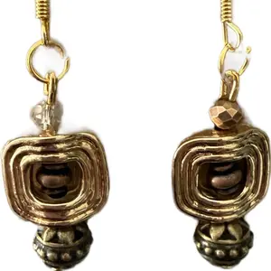 Gold-Toned Square Beaded Earrings with Faceted Accents and Dangle Design for Women