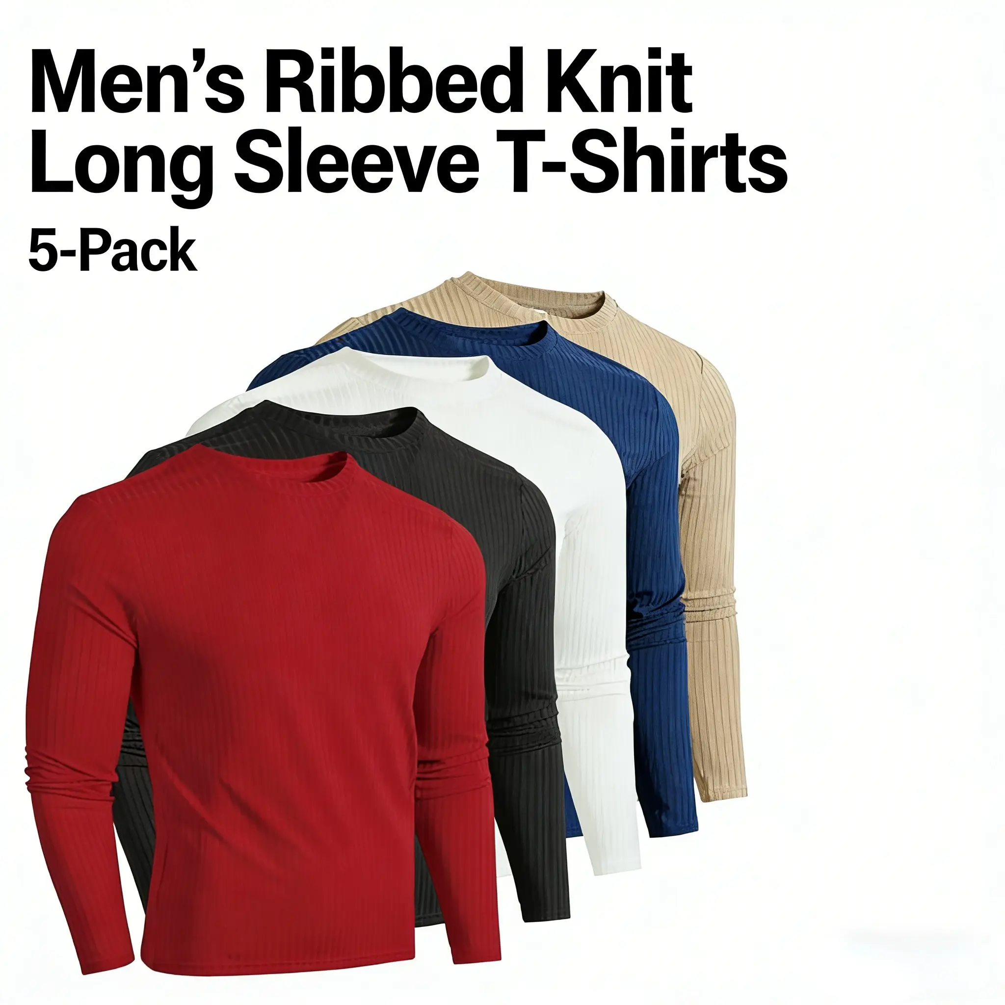 Men's 5-Pack Plain Thermal Underwear Tops - Crewneck Long Sleeve, Classic, Casual, Base Layer Undergarments (Beige, Thermal Long Sleeve)
