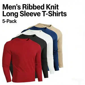Men's 5-Pack Plain Thermal Underwear Tops - Beige Crewneck Casual Long Sleeve Shirts