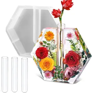 Large Hexagon Silicone Molds for Resin, Glossy Deep Epoxy Resin Molds 9" W/3 Test Tubes，3D Large Resin Molds for Flowers Preservation,Resin Art, DIY Wedding,Anniversary, Birthday Gifts, Home Decors ZtohPyo