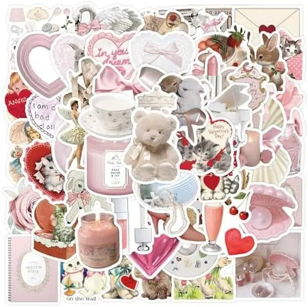60PCS Coquette Aesthetic Vinyl Stickers, Cute Pink Waterproof Sticker Pack for Laptops, Water Bottles, Phones, Computers, and Guitars
