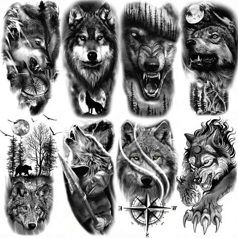 8 Sheets Wolf Head Temporary Tattoo Stickers, Realistic Waterproof Ephemeral Tattoos for Adults Men Women, Body Art Half Sleeve Designs, Fake Tattoos