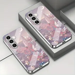 High-end Fashion Trend Shiny Pink Crystal Butterfly New Electroplated Tempered Glass Phone Case for Samsung Galaxy S25 24 23 22 21 20 Plus A05 06 14 15 16 24 25 26 34 35 36 54 55 56 Perfect gift for all seasons trendy protective cover Smartphone Cellphone