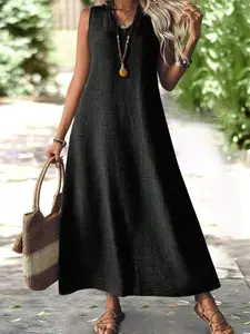 CURVE Plus Size Women's Minimalist Sleeveless Notched Neckline Casual Midi Tunic Dress in Redwood Fabric for Summer