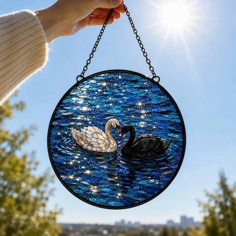 Black and White Swan Couple Stained Glass Suncatcher, Romantic Swan Lake Window Hanging, Wedding Anniversary Gift, Soulmate Water Art