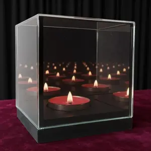 Infinity Mirror  Light Candle Holder 1 Slot with Electric Flameless Compatible Design - Glass Reflective Centerpiece with Wooden Base for Events & Weddings - Decorative Votive Light Box