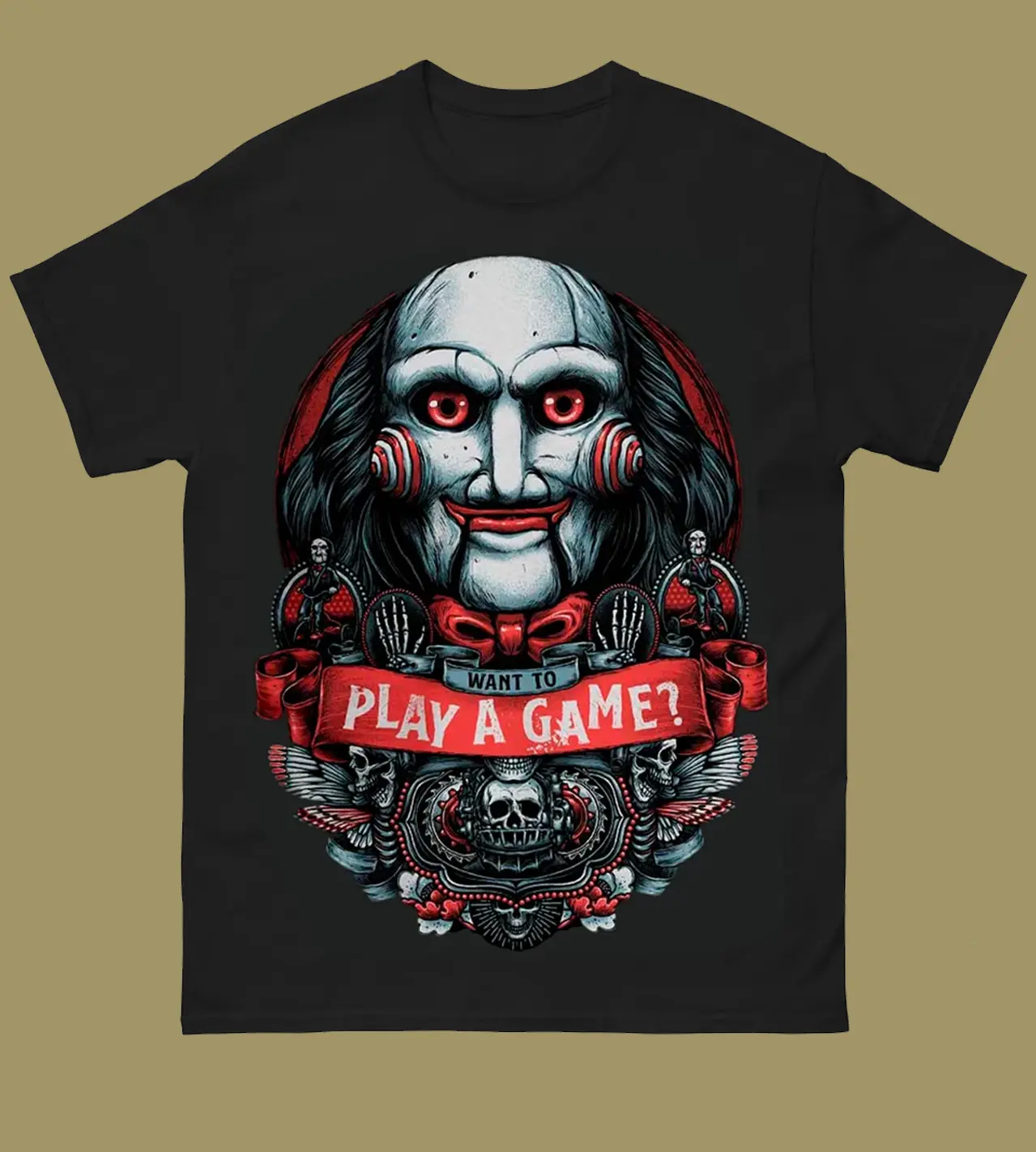 Want To Play A Game Shirt, Jigsaw SAW Billy The Puppet T-Shirt, Creepy Horror Movie Graphic Tee, Spooky Season Halloween Gift, Black Slasher Apparel