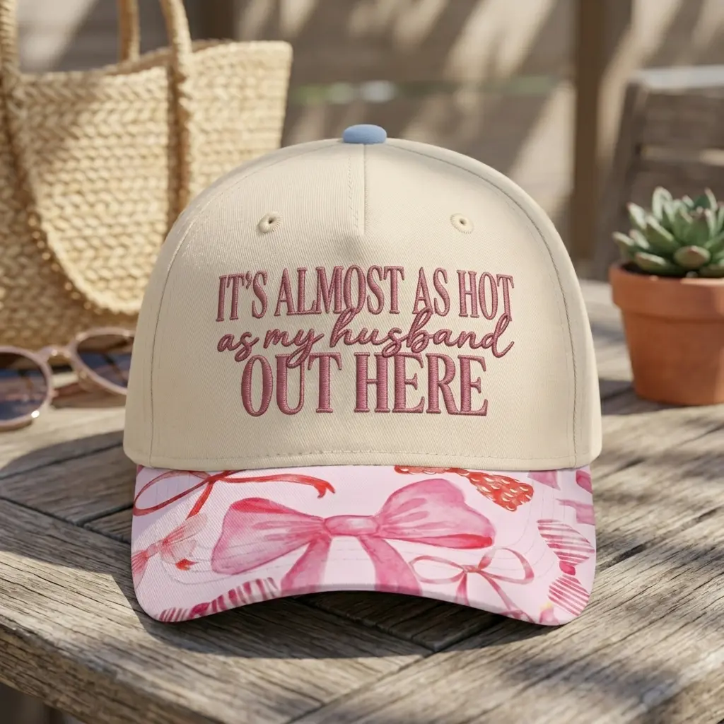 It's Almost As Hot As My Husband Out Here Embroidered Baseball Cap, Pink Coquette Bow Brim Hat, Funny Wife Summer Vacation Cap, Cute Beach Pool Party Hat, Trendy Adjustable Outdoor Gift for Her, Wife, Bride, Mom, Girlfriend
