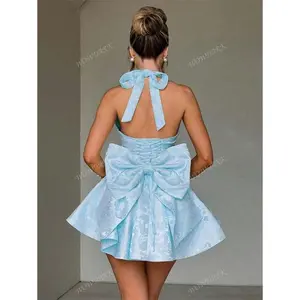 Women's Autumn Deep V-Neck Jacquard Halter Bowknot Thin Strap Open Back A-Line Dress Casual Fabric