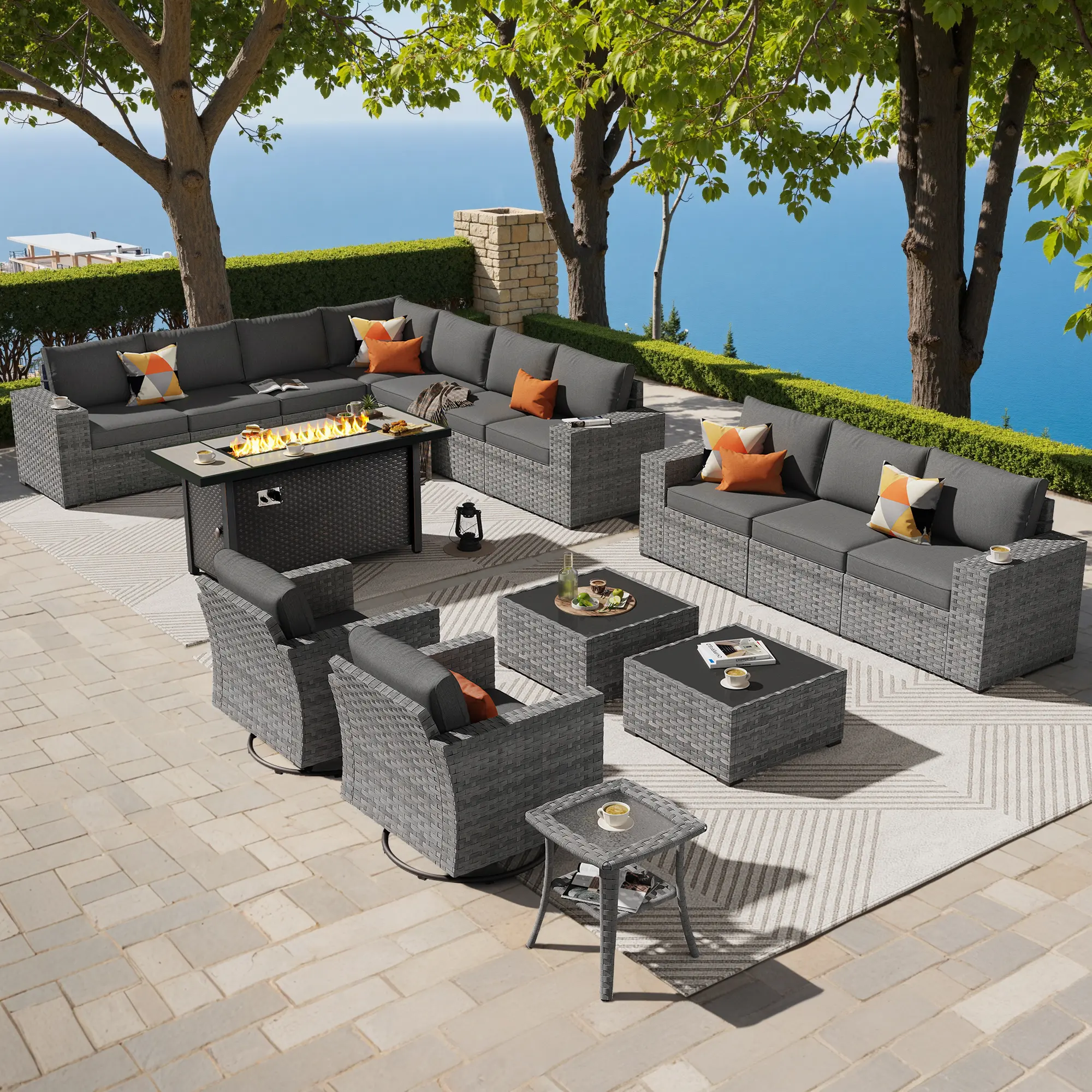 【Summerfinds】OVIOS 16-Piece Patio Furniture Set with 54" Fire Pit Table & Swivel Rocking Chairs, All-Weather PE Wicker Sectional Sofa Set with Cushions for Backyard, Patio, Deck & Porch