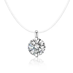 1-2ct Solitaire Two Prong Fishing Line Pendant Choker Necklace Clear Chain D Color Synthetic Moissanite S925 Bling Necklace Chain Birthday Anniversary Wedding Gift