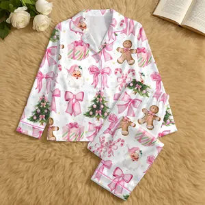 Coquette Christmas Candy Pajama Set, Cane Pink Bows Santa Christmas Tree Short Sleeve Satin Pajama Set, Pajama Nightwear Set for Her Women