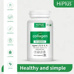 HiPlus Multi-Collagen Peptide Capsules for Women - Hydrolyzed Formula Types I II III IV V X with Hyaluronic Acid Biotin Vitamin C 90 Capsules 1 Month Supply for Skin Hair Nails Joints