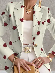 Women's Autumn Outdoor Print Tailored Blazer Jacket, Casual Fitted Design, Regular Length, Spring & Fall Fashion, Single Piece Outerwear