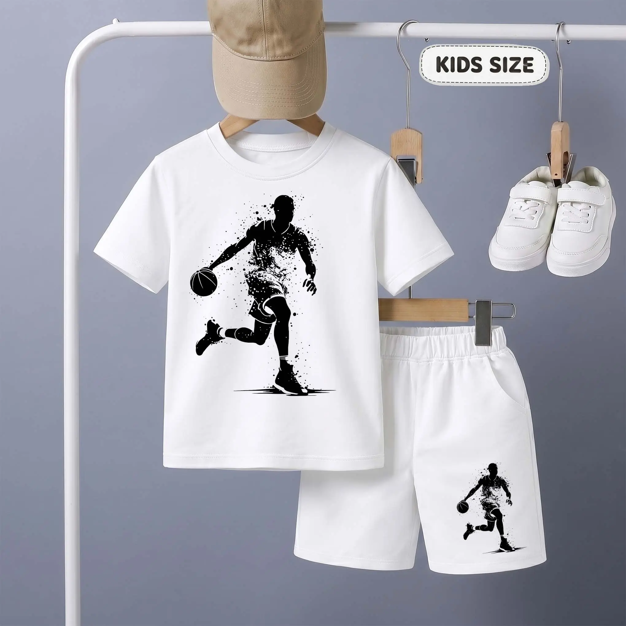 Children's Ink-Splatter Basketball Print Short-Sleeve T-Shirt And Shorts Set—Casual Summer Kids' Clothing. This Round-Neck Outfit Combination Is Perfect For Everyday Wear And Outdoor Play.