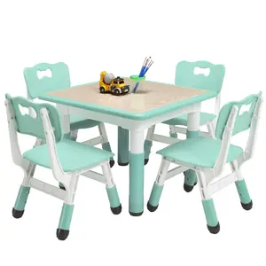 Multiple colors/finishes Kids Table and Chairs Set, Toddler Height Adjustable Desk with Graffiti Desktop, 4 Seats-A