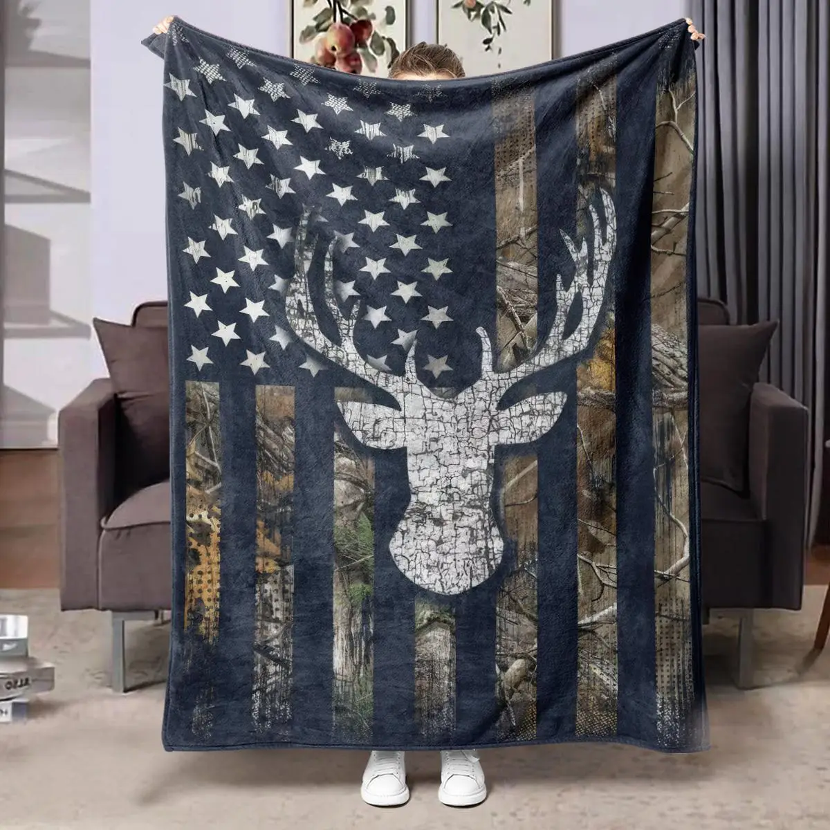 Deer Head Flag Print Throw Blanket, Soft Warm Comfortable Throw Blanket, Multifunctional Blanket for Home Office Travel Camping