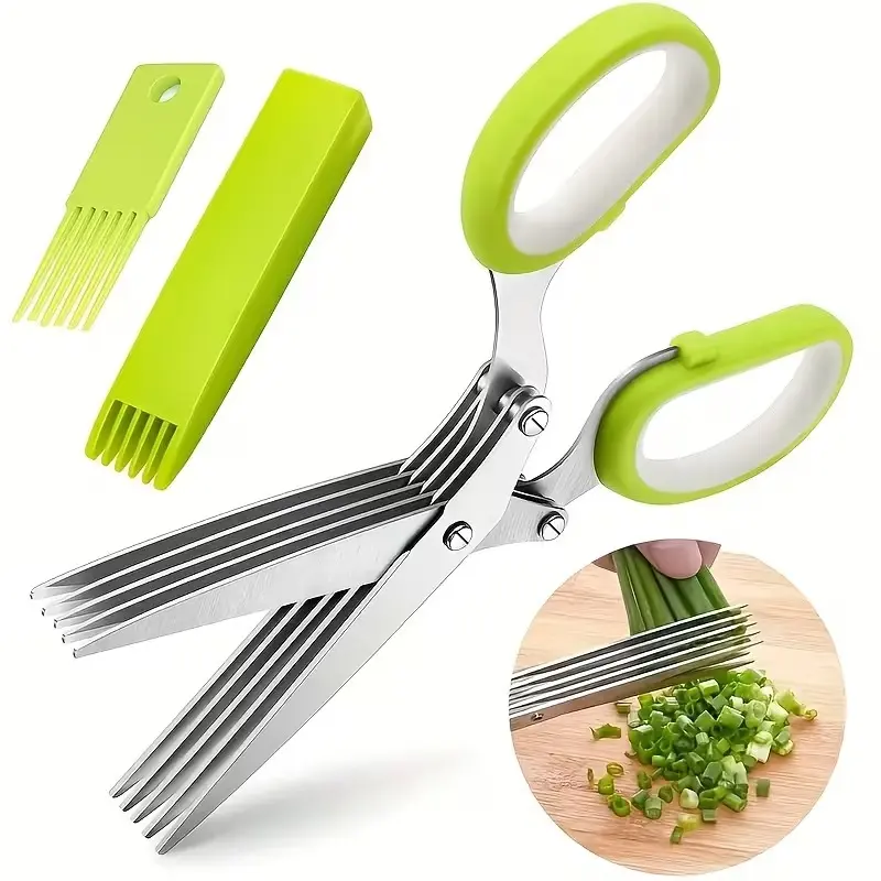 Ambidextrous 5-Blade Stainless Steel Herb Scissors with Cover, Cleaning Kit, Soft-Grip Handle - Dishwasher-Safe Kitchen Shears for Herbs, Lettuce