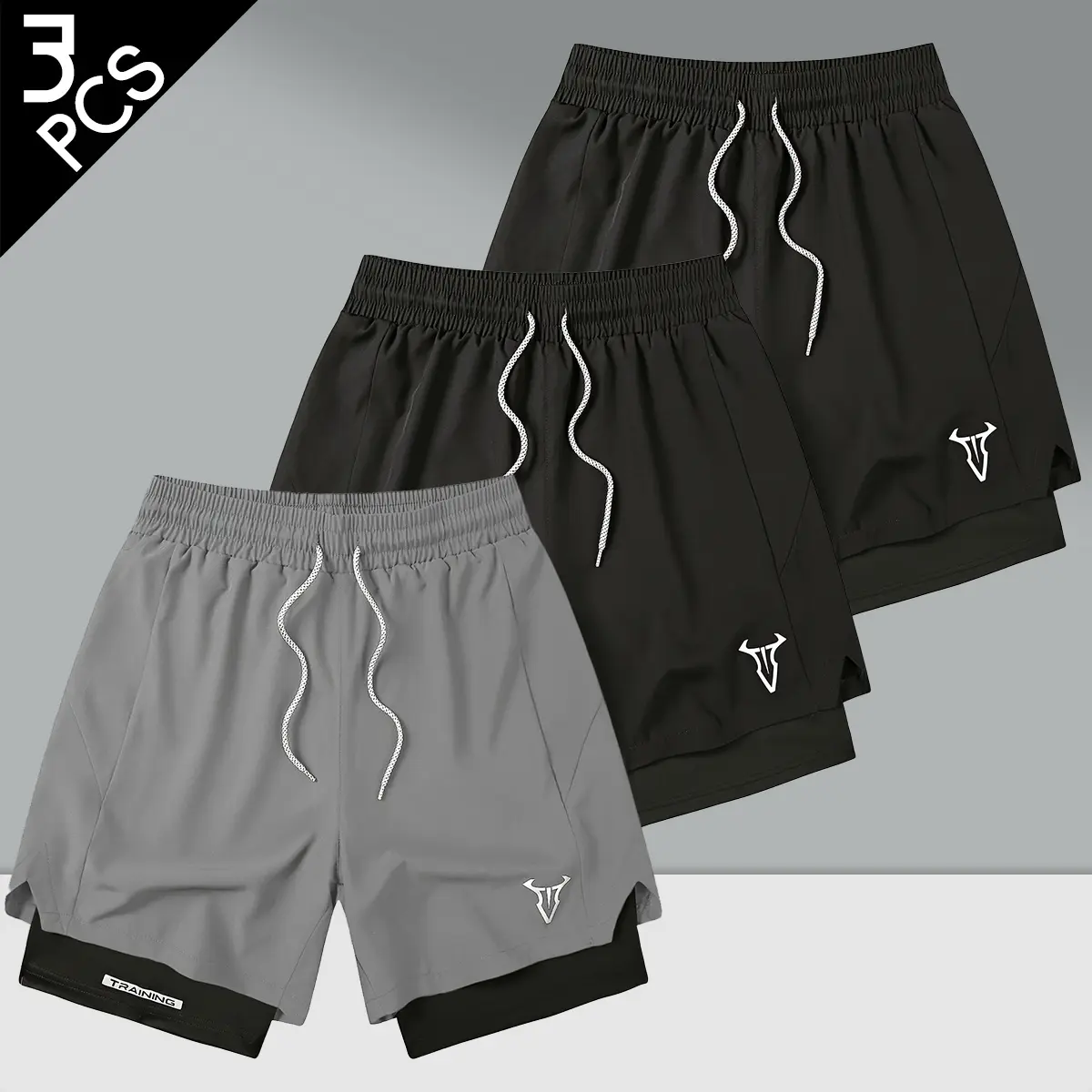 3PCS, Men’s Casual Athletic Fake Two-Piece Shorts, With built-in pockets, Perfect for summer wear