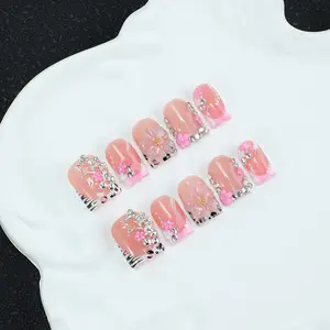 10pcs Handmade French Tip Press On Nails, Y2K Bad Girl Style 3D Flower Star Rhinestone Zebra Print Acrylic Fake Nails, Reusable Detachable Manicure Kit, Free Nail Tool Kit Included for Women，Daily attire, exquisite gifts for women, Acrylic Nail Set