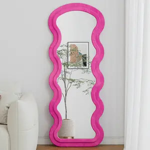 Wavy Full Length Mirror, Flannel Wrapped Floor Mirror with Stand, Irregular Aesthetic Body Mirror for Bedroom & Living Room