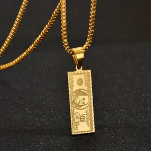 Mens 100 Dollar Bill Pendant Necklace, 18K Gold Plated Stainless Steel Hip Hop Money Tag Chain, Tarnish Resistant Hypoallergenic Streetwear Rave Party Jewelry for Men