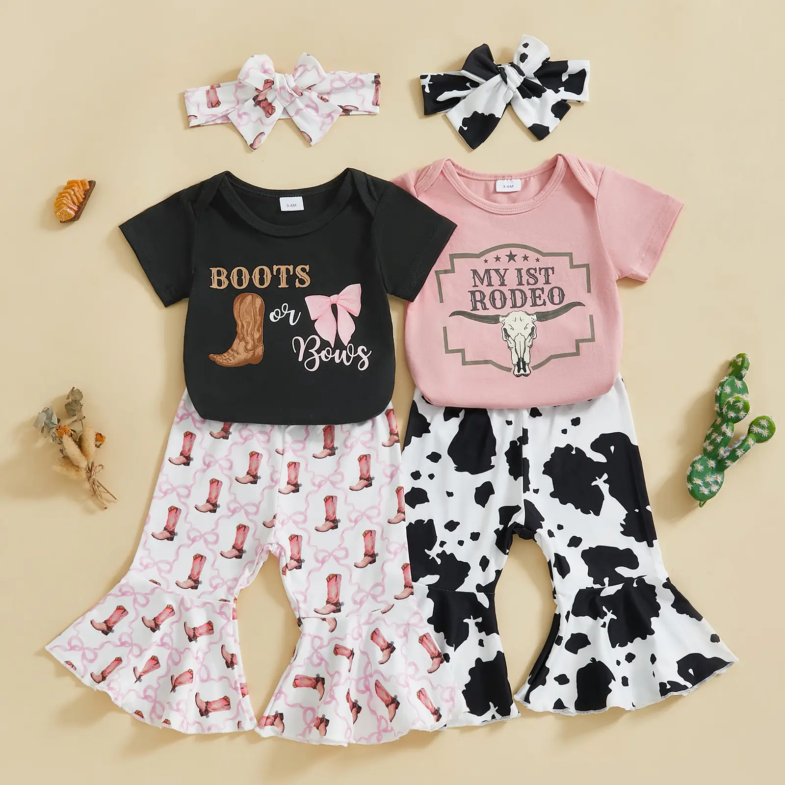 Western Baby Girl Clothes Letter Print Short Sleeve Romper Cow Print Flare Pants Headband 3Pcs Summer Outfits Set