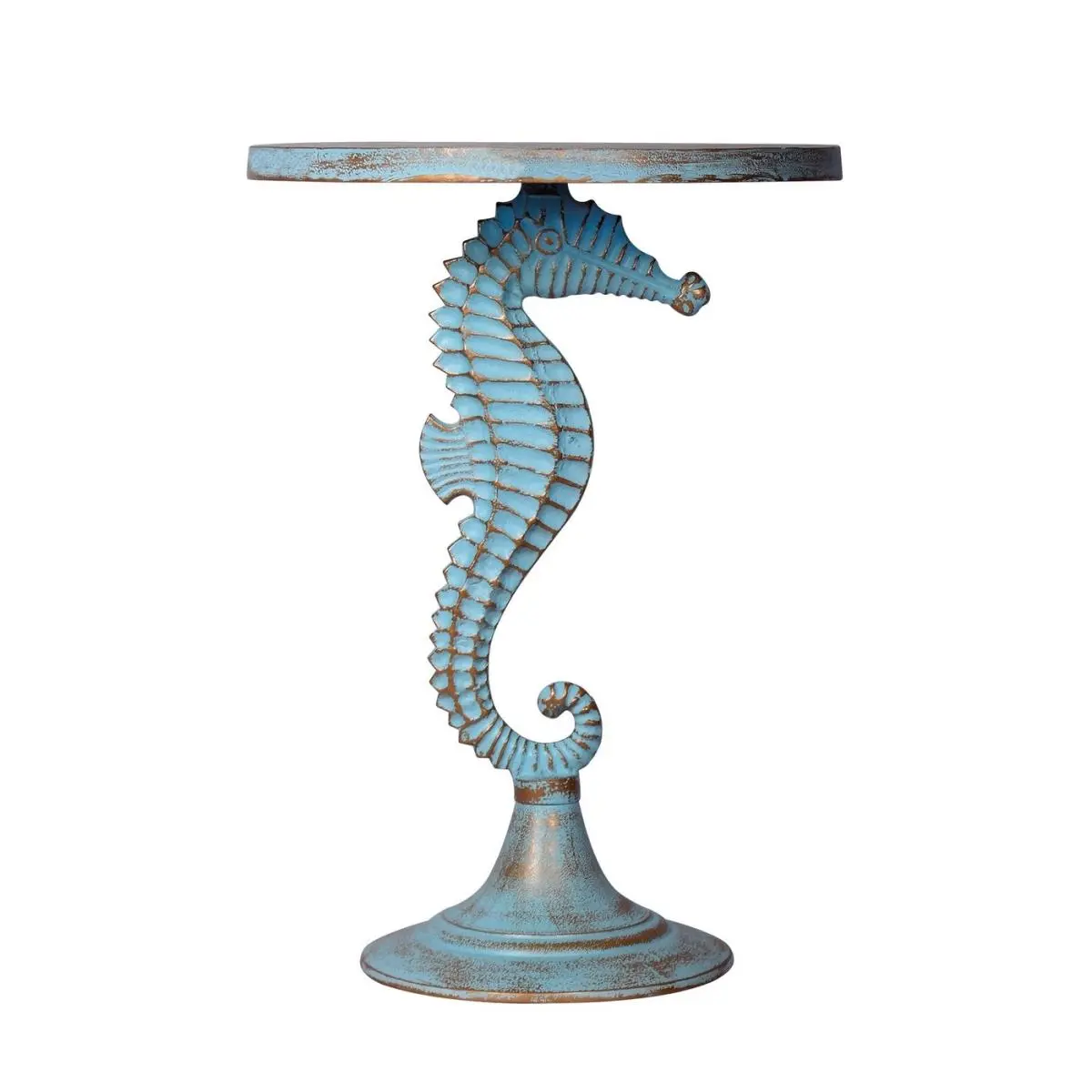 212 MAIN Carved Aluminum Seahorse End Table - Animal Motif, Round Top, 24x18x18in Coastal Theme Indoor Furniture Table