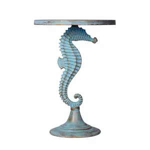212 MAIN Carved Aluminum Seahorse End Table - Animal Motif, Round Top, 24x18x18in Coastal Theme Indoor Furniture Table