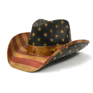 Vintage USA American Flag Cowboy Hat for Men & Women, Tea Stained Patriotic Western Cowgirl Cowboy Hat with Shapable Brim, 4th of July Rodeo Festival Hat
