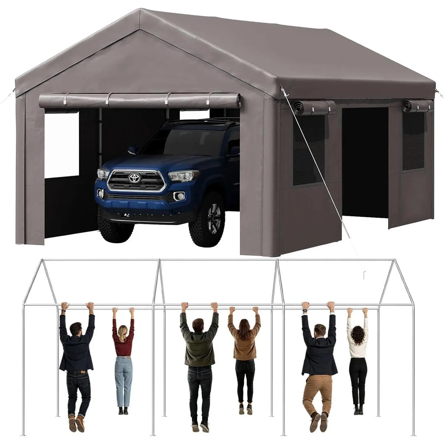 Aoxun 12x20/10x20ft Heavy Duty Car Canopy, Portable Garage with Sidewalls & Side Roll-up Door, Waterproof Outdoor Storage Shed for Cars, Motorcycles & Garden Equipment, Gray,outdoorfurnitureset